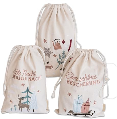 Papierdrachen 3 Geschenksäckchen in beige mit Bestickung in pastell - zum Befüllen und Verschenken - Geschenkverpackung Weihnachten - wiederverwendbar - Geschenkbeutel - Set 18