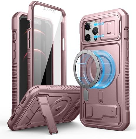 Dexnor Magnetic Bumper Case for iPhone 12 Pro Max, MagSafe Comapitble, Heavy-duty Shockproof Full-body Rugged Protective Cover with Kickstand & Camera Cover & Screen Protector - Pink