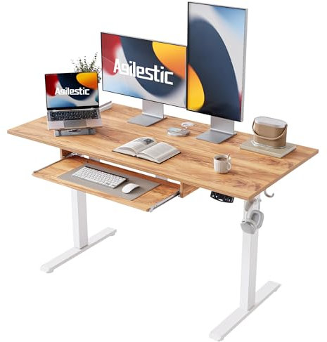 Agilestic Bureau à Hauteur réglable avec Plateau Clavier, 120 X 60 Cm Bureau à Pied électrique, Bureau Ordinateur avec présélections mémoire, Bureau Moderne pour Jeux, Marron Clair
