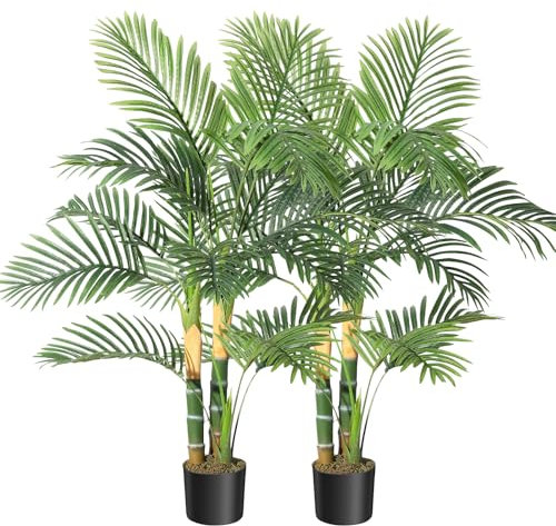 Golden Cane Palm Artificial Tree，4ft Fake Tropical Palm Plant, Pre Potted Faux Greenry Plant for Indoor Outdoor Home Decor Office House Living Room(Set of 2)