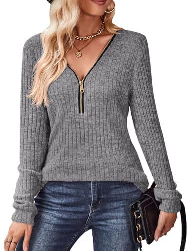 Gemulate Knitted Jumper Ladies Sweatshirt Stripe Top V-Neck Winter Warm Jumpers New in Womens Fashion Winter Tops Sweater Iron Grey M
