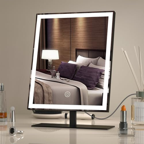 Amdelne Makeup Mirror with Lights, Dimmable Vanity Mirror, Dressing Table Mirror with 3 Colour Modes, 10x Magnifying, USB-C Powered with Adapter, Touch Control Hollywood Light Up Mirrors, 25 x 34cm