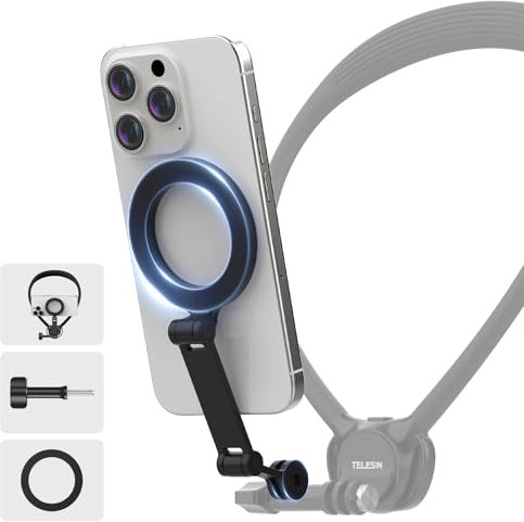 TELESIN Porta Cellulare Magnetico per iPhone Android, Asta Girevole a Tre Sezioni, Supporto per Selfie POV/Vlog a Mani Libere, Accessorio per Telefono da Collo, Fornito con Corda Anti-Perdita