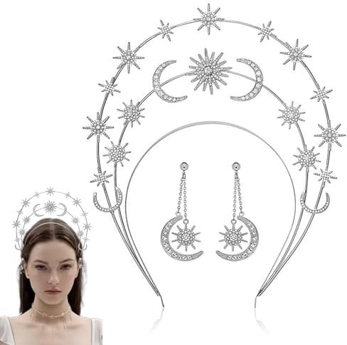 Haarreif Sonne, Sonne Mond Sterne mit Ohrringen, Sonne Kostüm, Stern Haarreif, Haarreif Sterne, Haarreif Sterne Gold, Sternen Haarreif, Haarreif Stern, Heiligenschein Haarreif, Kopfschmuck (silbrig)