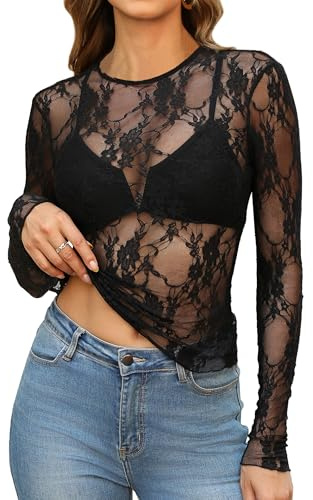 OFEEFAN Womens Tops Women's Clothing Mesh Lace Long Sleeve Shirts Summer Business Casual Outfits Vacation Country Concert Western Fall Fashion 2026 Slim Fitted Dressy Crewneck Blouses Clothes Black M