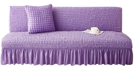 SUIOKPO Copridivano Senza Braccioli Pieghevole Divano Letto 3 Posti all-Coperto Copridivani Elasticizzati Disegno Gonna, Universale Elasticizzato Universale per Soggiorno Casa,Viola,L