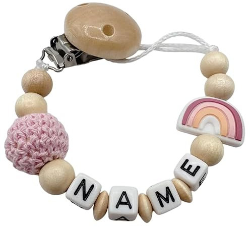 Schnullerband mit Namen für Mädchen & Jungen personalisierte Baby Geschenke (Rosa Regenbogen)