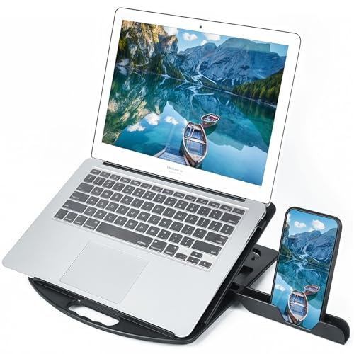 NCONEZON Laptop Stand for Desk with Phone Holder & 360° Rotating Base, Adjustable Height Angle Foldable Laptop Riser, Heavy-Duty Ventilated Computer Stand Compatible with 10-17.3 Laptops (Black)