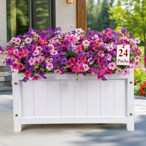 Alupssuc 24 Bundles Artificial Flowers Outdoor Decoration, Mixed 3 Colors Violet Plastic Fake Flowers Plants, for Indoor Outdoor Hanging Baskets Garden Porch Window Home Vases Wedding Farmhouse Decor