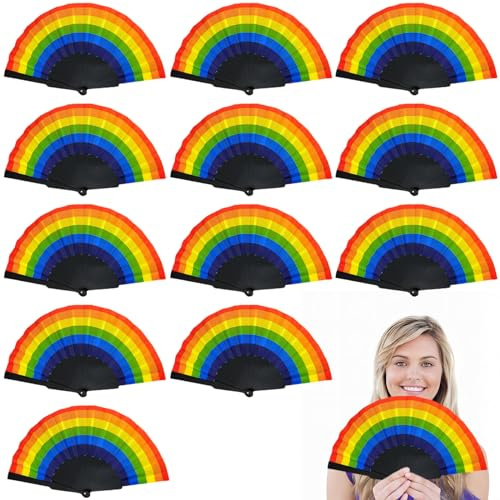 Rainbow Hand Fan 12 Pack Foldable Handheld Rainbow Fan Pride Party Decor Folding Fans for Gay LGBT Pride Events Weddings Photo Props Rainbow Fans for Women Men