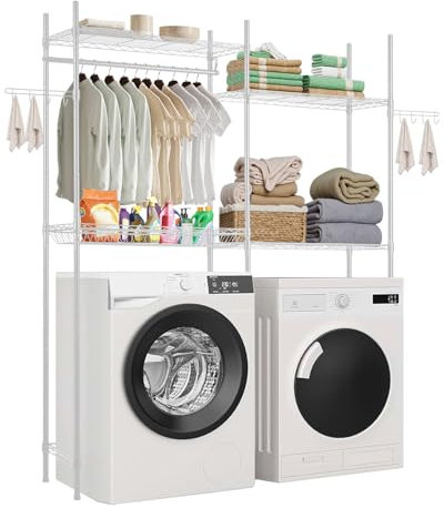 VEVOR Over Washer and Dryer Storage Shelves, 4 Tiers Laundry Room Drying Rack with Hanger Rod and Hooks, Two Rows Adjustable Washer Shelves Space Saver, for Laundry Room Storage & Organization, White