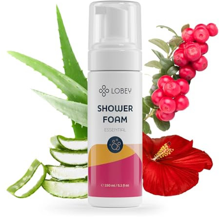 LOBEY Duschschaum mit Aloe Vera & Panthenol – Sanfte Reinigung für Empfindliche Haut – Natürlich & PH-hautneutral – Fruchtig-blumiger Duft von Hibiskus – Ohne Parfüm & Öle (200 ml)