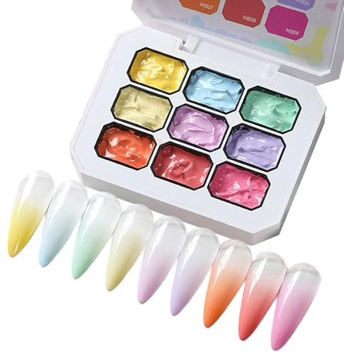 Gradient Painting Gel-Set, Nagelkunstgel, Nagelmalerei, Lebendige 9-Farben-Gradientenpalette, Kein Wischtuch Mit UV/LED-Härtung, 2,5 G X 9, Für Die Heimverkehr Oder Kreationen Auf Salonebene Mit Profe