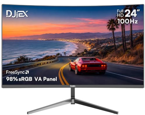 DJiEX 24 inch Curved Monitor FHD 1920x1080p 100Hz Refresh Rate 16:9 Aspect Ratio Ergonomic Tilt Home Office Gaming Monitor Sync Visual Experience for Work & Play Support Wall Mount Install