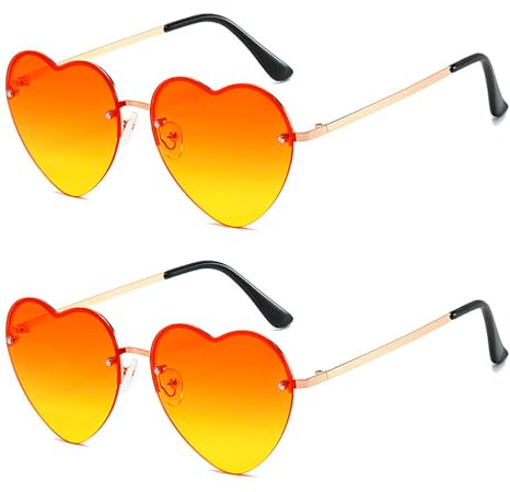 YCICHE Herzförmige Sonnenbrille im Orange-Gelb Verlauf, Retro Herzbrille mit Metallrahmen - Perfekt für Karneval, JGA, Sommer & 70er 80er Partys (Hippie Accessoire)