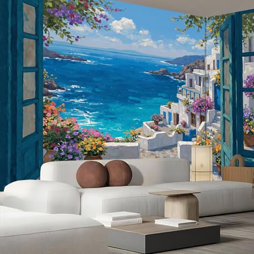 JEDTAKCT Papier Peint Paysage Marin Grec Architecture Nordique 350X256Cm Papier Peint Panoramique 3D Grandes Poster Revêtement Mural Photo Bleu Marine Pour Salon Chambre Décor Fond Tv
