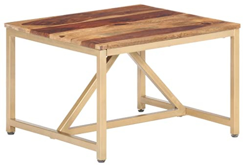 Kangardius Tavolino in legno massiccio, 60 x 60 x 40 cm, con struttura in acciaio verniciato a polvere, effetto ottone, stabile, per soggiorno, camera da letto, balcone, salvaspazio, versatile