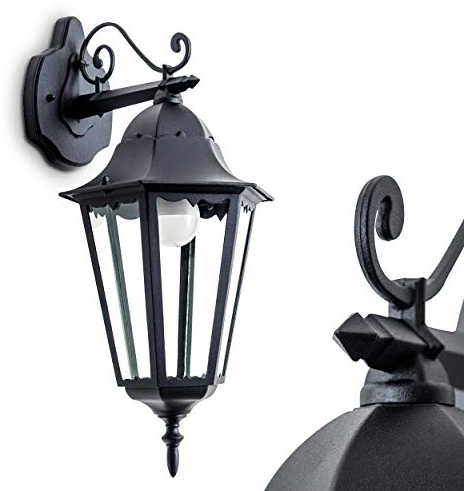 Außenwandleuchte Hongkong, Wandlampe abwärts in antikem Look, Aluguß in Schwarz matt m. Klarglas-Scheiben, Wandleuchte m. E27-Fassung, Retro/Vintage Außenleuchte für Terrasse u. Hof, ohne Leuchtmittel