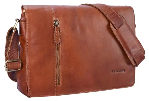 STILORD 'Till' Leder Umhängetasche 13 Zoll große Vintage Schultertasche für Herren Damen Laptoptasche DIN A4 Unitasche Bürotasche aus echtem Leder, Farbe:cognac - braun