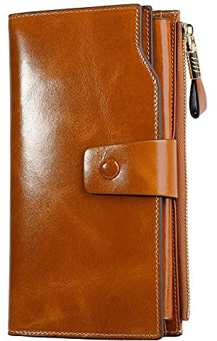 PARVENZA Damen RFID-Geldbörse, Große Kapazität Leder Portemonnaie, 21 Kartenfächer, Gewachstes Leder, Druckknopf, Handyfach, Sicher & Stilvoll Orange