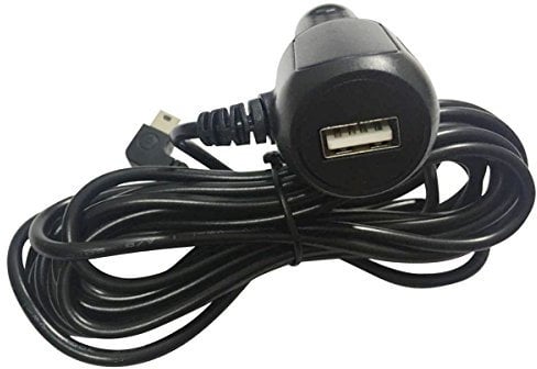 Car Charger with USB Port-Amacam CC8. Long Cable 3.5 Metres with Right Angle Mini USB Connector. Suitable For Dash Cameras Sat Navs Tom Toms and Other Android Devices. Premium Power Charging Lead.
