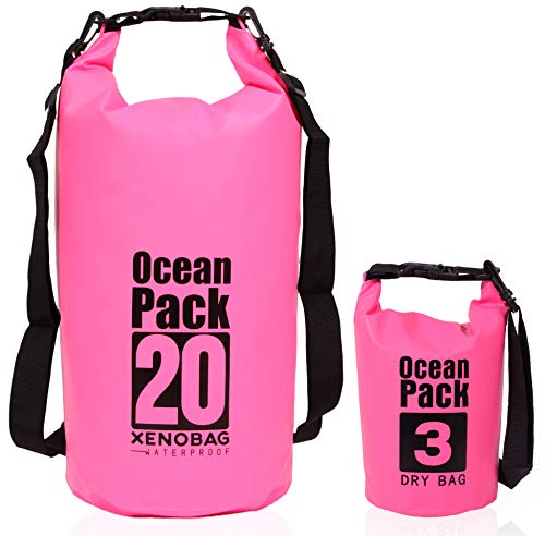 XENOBAG Wasserfeste Tasche 3 Liter o. 20 Liter/Dry Bag/Ocean Pack 3l o. 20l / wasserdichter Beutel/Drybag mit verstellbarem Schultergurt und Sicherheitsverschluss (Pink, 20 Liter)