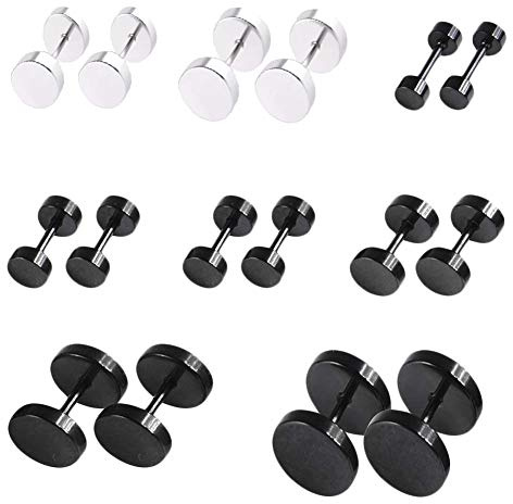 EQLEF 16PCS Mens Stud Earrings Dumbbell Shape, Titanium Steel Rund Earrings Studs in Black and Silver for Men and Women