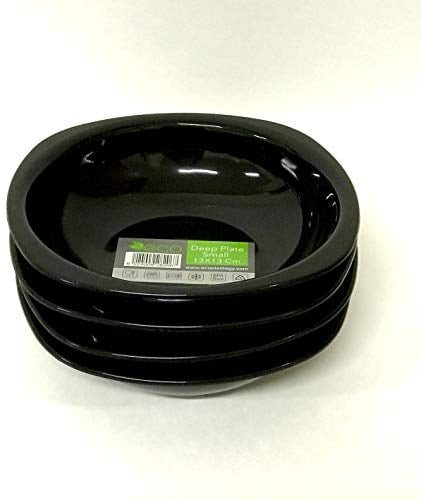 ECO 4 Pc Unbreakable Deep 13 x 13 cm Black Round Plastic Plates | Small High Edge Kids Plates | Stackable Plastic Plate Reusable for Birthdays, Picnic, BBQ & Parties (Black, Small)