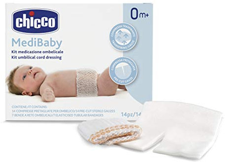 Chicco Kit Medicazione Ombelicale, Set 14 Compresse Pretagliate per Ombelico e 7 Bende a Rete, Permette di Fissare e Rimuovere la Medicazione con Facilità, Compressa Traspirante, Set 21 Pezzi, 0+ Mesi
