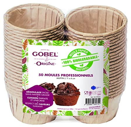 GOBEL - Paquete de 50 moldes profesionales para magdalenas - Moldes desechables para magdalenas de papel natural 100% biodegradable - Aptos para horno, frigorífico, congelador - Desmoldeado neutro fácil