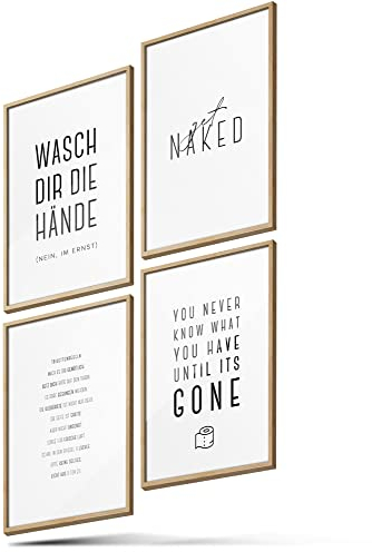 BLCKART Poster-Set Badezimmer - 4 Moderne Wandbilder mit Sprüchen - Premium Poster für Bad - Bilder zur Wanddekoration - Größe A5