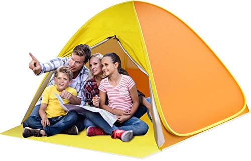 SAEYON L Strandmuschel, Pop Up Strandzelt mit Reißverschlusstür, UV-Schutz 50+ Beach Tent Windschutz Wurfzelt, für 2-4 Personen Familie Portable Beach Zelt Garten Camping Strand Outdoor, Gelb