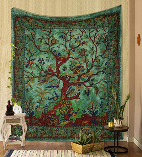 THE ART BOX Tapestry Green Tree of Life Wall Hanging – Indian Cotton Medium Bedspread, Picnic Sheet, Wall Decor, Blanket, Wall Art for Bedroom (60x54 Inch)