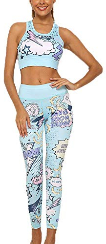 Damenmode Yoga Fitness Trainingsanzug - Fun Comic Print Sport-BH und Leggings 2-teiliges Set Crop Top Leggings mit hoher Taille Spaß Comic Print Yoga Gym Fitness Trainingsanzug (Blau,XL)