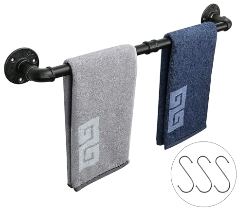 NearMoon Industrial Pipe Towel Bar, Heavy Duty Bathroom Hardware Towel Holder Accessory, Wall Mounted DIY Rustic Iron Bathroom Towel Rack Holder (24 Inch, Black)
