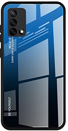 Dedux Coque pour Oppo A74 4G, Etui Dégradé de Couleur Verre Trempé Back Coque + Souple Silicone TPU Case Cover Protection Antichoc Housse (Bleu/Noir)