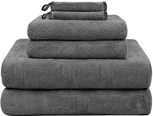 KinHwa Handtuch-Set Premium 100% Mikrofaser 2 Badetücher 76x152cm + 2 Handtücher 40x76cm + 2 Make-up-Entferner Tücher 15x30cm - weich und saugstark 6 Pack Dunkelgrau