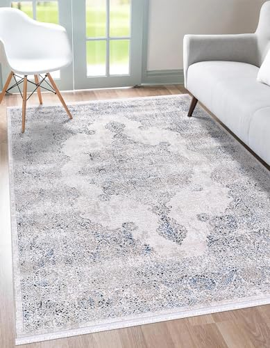 Carpetilla Wohnzimmer Teppich Richmond Kurzflor Designer Teppich Vintage Grau/Blau Orient (160x230 cm)