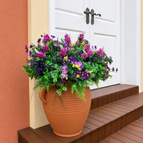 9-Piezas Flores Artificiales Exterior Decoracion, Ramos de Flores Plantas Artificiales Geranios Exterior Interior, Diferentes Especies con Variación, WAKISAKI (Magenta y Lavanda, 9)