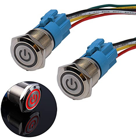 JIQI 2× 19mm Momentane Metall Druckschalter 12V bis 24V 3A Momentary Push Button Switch mit Rot LED-Leuchte IP66 1NO1NC Tastend wasserdicht vorverkabelt Drucktaster für Boot LKW RV Auto(Power Symbol)
