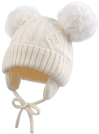 XIAOHAWANG Baby Mädchen Mütze Strickmütze Winter Hut Warme Wintermütze Doppelpompon für Unisex Baby (0-6 Monate, Weiß)