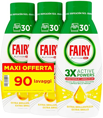 Fairy Platinum Nettoyant Lave-vaisselle, Gel Lave-vaisselle Brillant, 90 Lavages, Lot de 3 bouteilles, Extra Brillance, Parfum citron