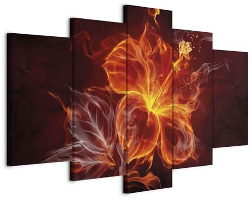B&D XXL - Leinwandbild Feuerblume Lilien Flamme, 150x75 cm, 5-teilig | Hochwertige Leinwand, sofort aufhängbar, ideal fürs Wohn- oder Schlafzimmer, wasserfest und lichtecht, langlebig, stilvoll