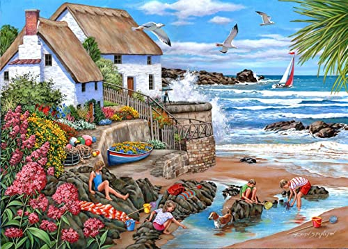 The House of Puzzles - Seaspray Cottages Jigsaw - 1000 Piece Jigsaws For Adults, Artist Illustrated, Scenic Landscape, Deluxe Puzzle Gifts