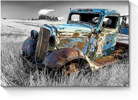 SunFlax Vintage Old Truck Bild Kunstwerk: Rusty Blue Car Große Wandkunst Schwarz und Weiß Antik Druck auf Leinwand Rustikale Automobile Landmalerei für Schlafzimmer Badezimmer Wohnzimmer