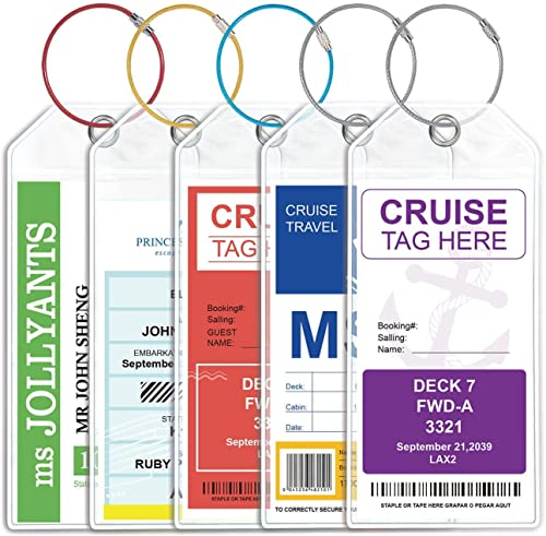 FAMIDIQGO 5 Stücke Cruise Luggage Tags Fit Cruise Ship Tag Holders Cruise Essentials & Zip Seal Clear Reusable Unisex-Erwachsene Kofferanhänger(1 blau+1 rot+1 gelb+2 Silber)