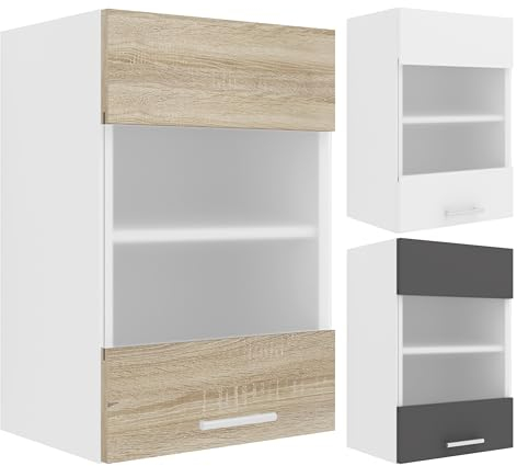 VCM Armario Colgante 1 Puerta de Cristal, Madera de ingeniería Vidrio, Blanco/Gris Antracita, Talla única