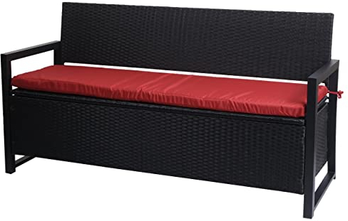 Mendler Poly-Rattan 3er Sitzbank HWC-F39, Gartenbank Truhenbank, Staufach Aufbewahrung Sitzkissen - anthrazit, Kissen Bordeaux