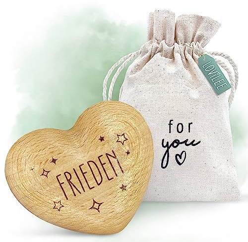 LOViLEE Frieden - Handschmeichler Holz Glücksbringer Prüfung - Holz Herz inkl. Geschenkbeutel & Grußkartenset - Mutmacher Geschenk, Schutzengel Geschenk, Gute Besserung Geschenke Frauen