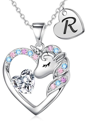 TINGN Cadeau licorne pour fille - Collier licorne pour fille - Plaqué or 14 carats - Collier avec pendentif en forme de cœur avec lettres - Cadeau d'anniversaire pour fille